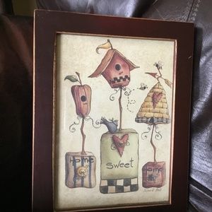 Pretty Birdhouse Picture With Burgundy/Brown Frame